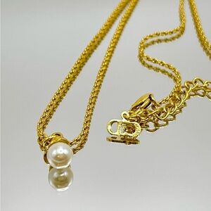 Christian Dior Gold Plated Necklace with Faux Pearl Pendant, Pouch Included